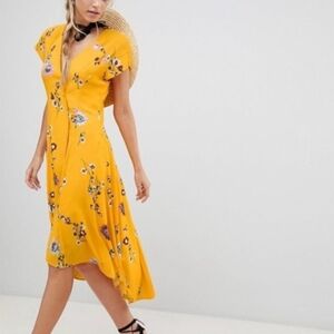 Free People Mustard Yellow Floral High-Low Midi Dress